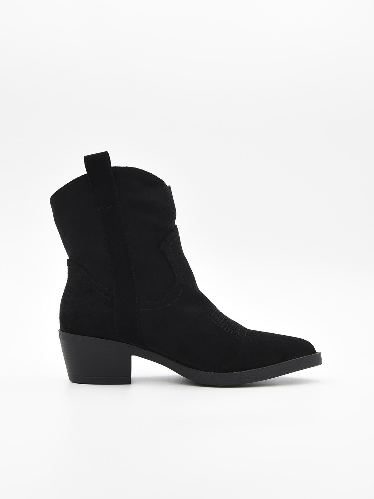 Botín cowboy de ante negro para mujer con tacón bajo y costuras decorativas Nyrex